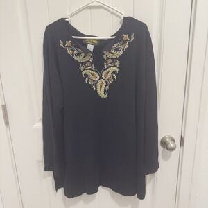 Bob Mackie Wearable Art Women's Black Tunic Shirt Embroidered Design Size 2X